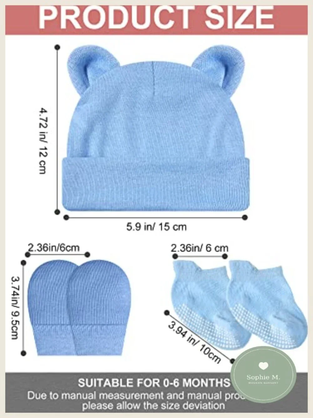 6 Pack Newborn Baby Hat Set with Mittens and Socks Cotton